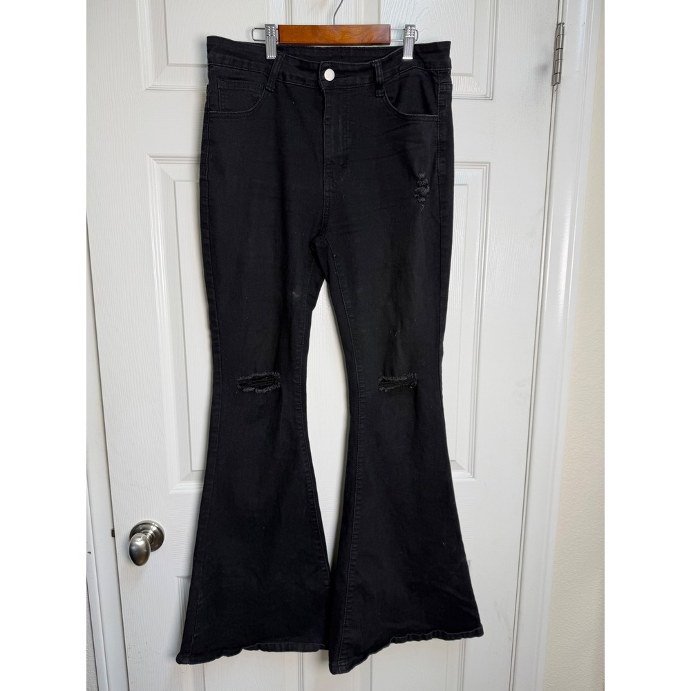 SHEIN Womens Black Distressed High Waisted Flare Jeans Bell Bottoms Size Large